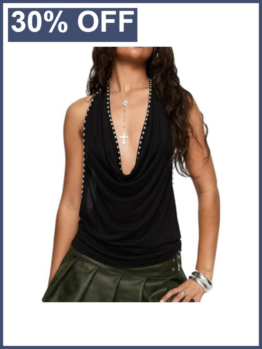 Rivet Studded Cowl Neck Halter Top Y2K Backless Ruched Party Clubwear